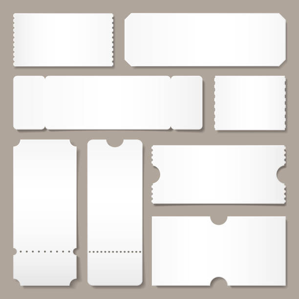 Blank ticket template. Festival concert tickets, white paper coupon card layout and cinema admit one sheet isolated vector mockup Blank ticket template. Festival concert tickets, white paper coupon card layout and cinema admit one sheet. Event, theater or lottery tickets isolated vector symbols mockup ticket stock illustrations