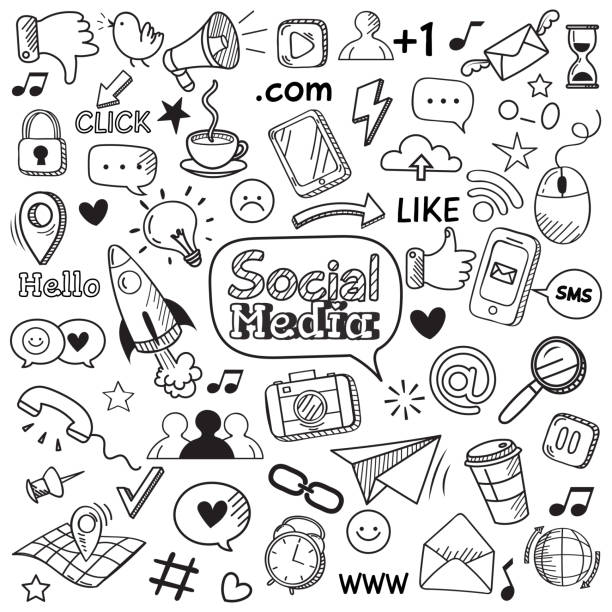 ilustraciones, imágenes clip art, dibujos animados e iconos de stock de doodle de los medios de comunicación sociales. garabatos de sitio web de internet, red social de comunicación y web online set de iconos de vector dibujado a mano - croquis