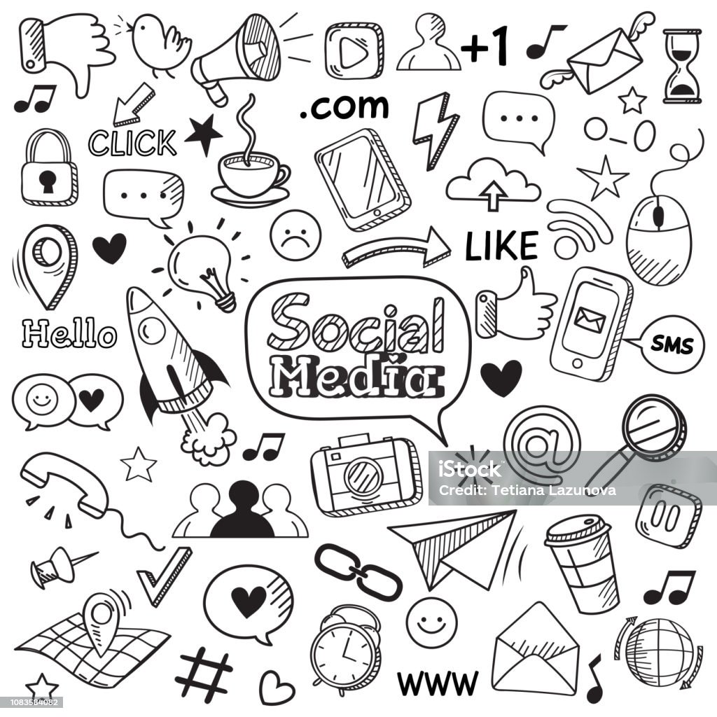 Les médias sociaux doodle. Gribouillis de site Internet, communication réseaux sociaux et web en ligne à main icônes dessinées vector set - clipart vectoriel de Griffonnage libre de droits