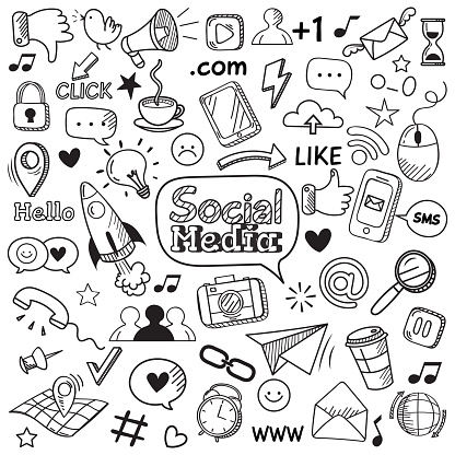 Social media doodle. Internet website doodles, social network communication and online web hand drawn symbols. Smartphone media communications doodle sketch vector isolated icons set
