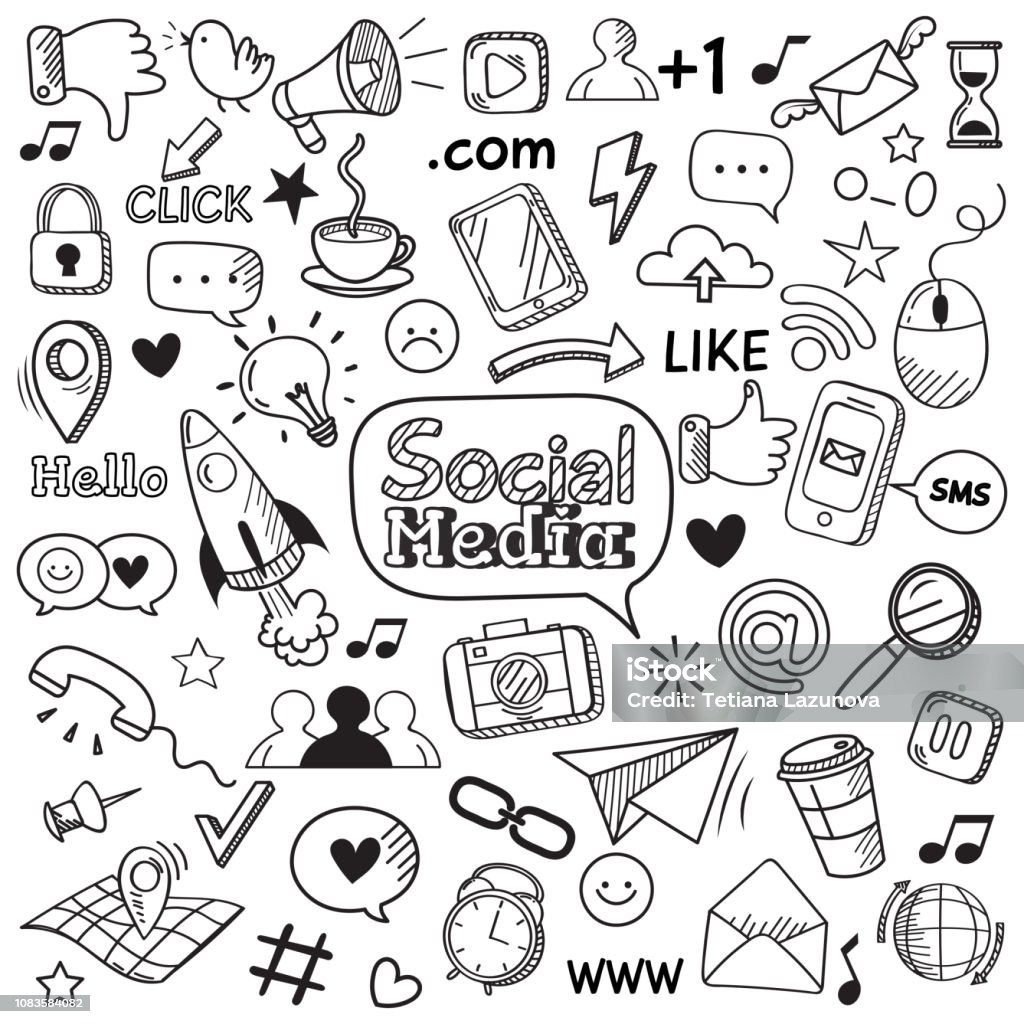 Social media doodle. Internet website doodles, social network communication and online web hand drawn vector icons set Social media doodle. Internet website doodles, social network communication and online web hand drawn symbols. Smartphone media communications doodle sketch vector isolated icons set Doodle stock vector