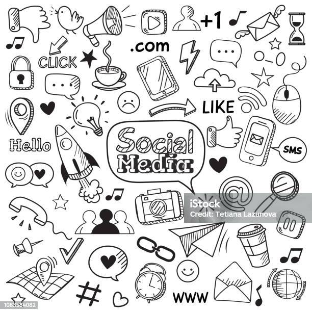 Social Media Doodle Internet Website Doodles Social Network Communication And Online Web Hand Drawn Vector Icons Set Stock Illustration - Download Image Now