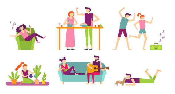 ilustraciones, imágenes clip art, dibujos animados e iconos de stock de recreación de personas en el país. joven pareja pasar vacaciones y relajarse, cocinar y comer o escuchar música. conjunto de vector plano aislado - sofa music teenager friendship