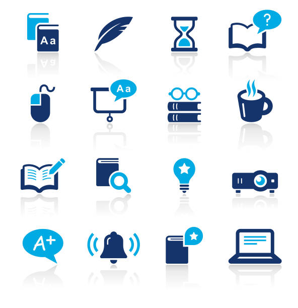 Education Two Color Icons Set An illustration of education two color icons set for your web page, presentation, apps and design products. Vector format can be fully scalable & editable. magnifying glass book stock illustrations