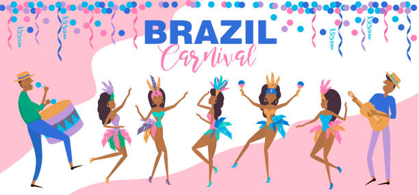 브라질 삼 바 댄서와 함께 브라질 카니발 포스터 템플릿입니다. 축제 의상을 입고 여자와 리오 데 자네이로 카니발. 편집 가능한 벡터 일러스트 레이 션 - rio de janeiro carnival samba dancing dancing stock illustrations