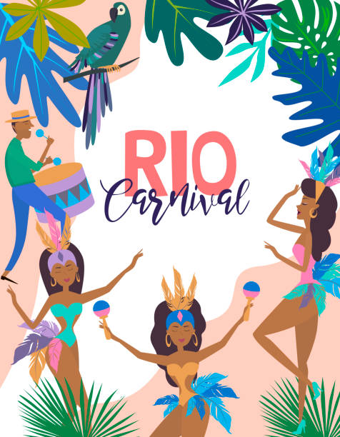 ilustrações de stock, clip art, desenhos animados e ícones de brazil carnival poster template with brazilian samba dancer. carnival in rio de janeiro with girls wearing a festival costume - samba dancing rio de janeiro carnival brazilian