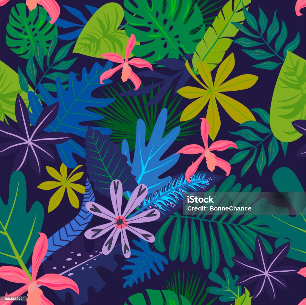 Nahtlose Muster mit tropischen Blättern und Blüten. - Lizenzfrei Blatt - Pflanzenbestandteile Vektorgrafik