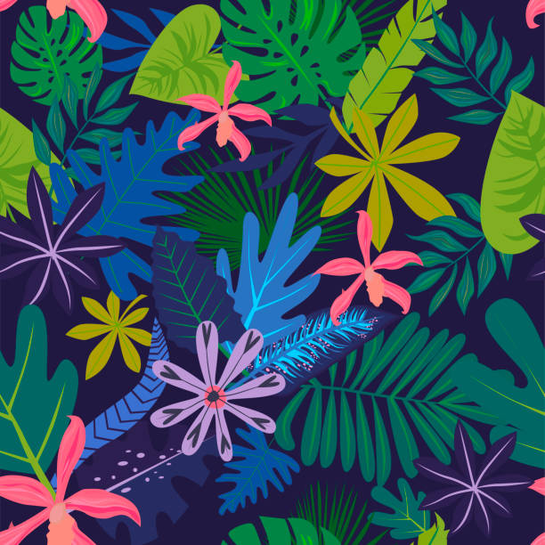 ilustrações de stock, clip art, desenhos animados e ícones de seamless pattern with tropical leaves and flowers. - plant animal backgrounds nature