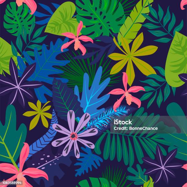 Seamless Pattern With Tropical Leaves And Flowers Stock Illustration - Download Image Now - Leaf, Backgrounds, Pattern