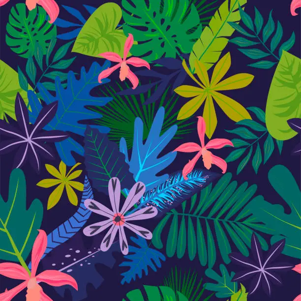 Vector illustration of Seamless pattern with tropical leaves and flowers.