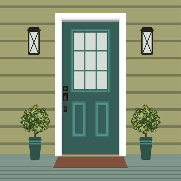 ilustraciones, imágenes clip art, dibujos animados e iconos de stock de frente de puerta de casa con puerta y estera, ventana, lámpara, flores, fachada de entrada, vector de ilustración de diseño exterior entrada de estilo plano - porch light