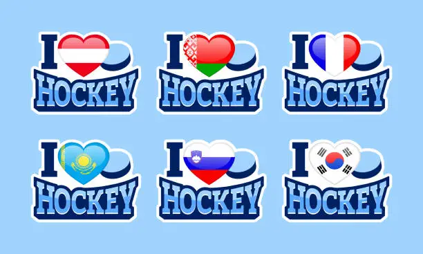 Vector illustration of I love hockey vector stickers. Austria, Belarus, France, Kazakhstan, Slovenia, South Korea national flags. Sport poster. Winter sports illustration for fancier design, clothes prints. Tradition colors