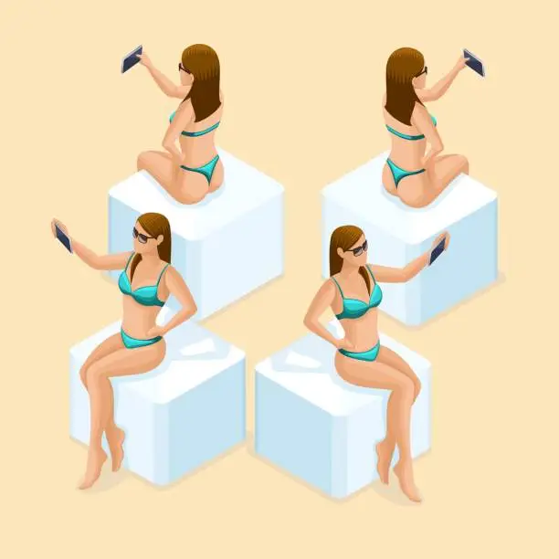 Vector illustration of Girl isometry front view rear view, 3d character for beach in swimsuit makes selfie. Create your isometric person for vector illustrations