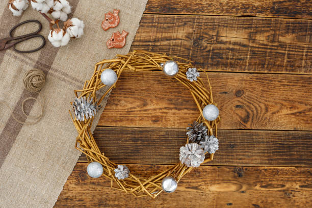 istock Christmas wreath from natural materials. Decorating and items for creativity. Top view. 1083596862