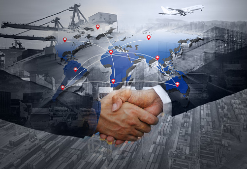 Business people shaking hands, success business of Logistics Industrial Container Cargo freight ship for Concept of fast or instant shipping, Online goods orders worldwide