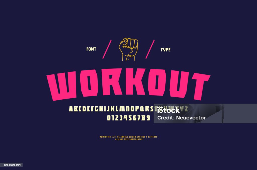 Stock vector sans serif font Stock vector sans serif font, alphabet, typeface. Letters and numbers for workout, gym, sport emblem and t-shirt design. Color print on blue background Typescript stock vector