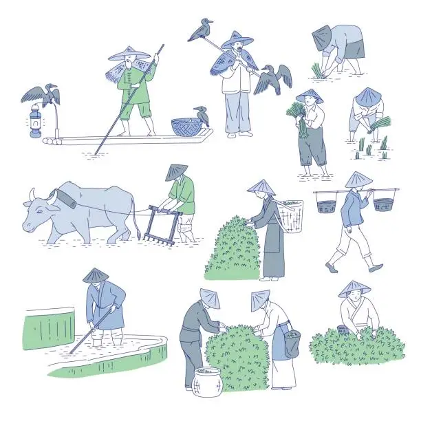 Vector illustration of Chinese farmers and fishermen in traditional costumes. Vector line art set people plant rice, grow tea and go fishing. Symbols of asian agricultural culture.