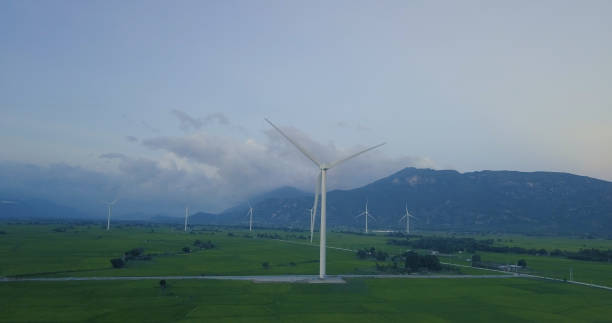 parco turbine eoliche e campi agricoli in una giornata estiva - farm scenics landscape alternative energy foto e immagini stock