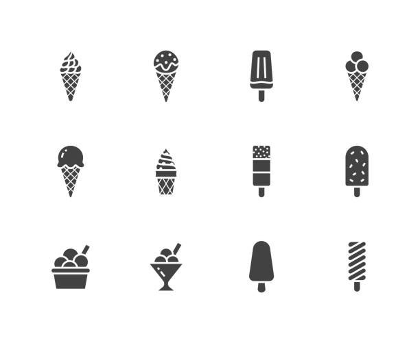 Ice cream flat glyph icons set. Waffle cone, ice lolly, frozen juice, popsicle, sorbet in bowl vector illustrations. Signs for dessert menu. Solid silhouette pixel perfect 64x64 Ice cream flat glyph icons set. Waffle cone, ice lolly, frozen juice, popsicle, sorbet in bowl vector illustrations. Signs for dessert menu. Solid silhouette pixel perfect 64x64. popsicle stock illustrations