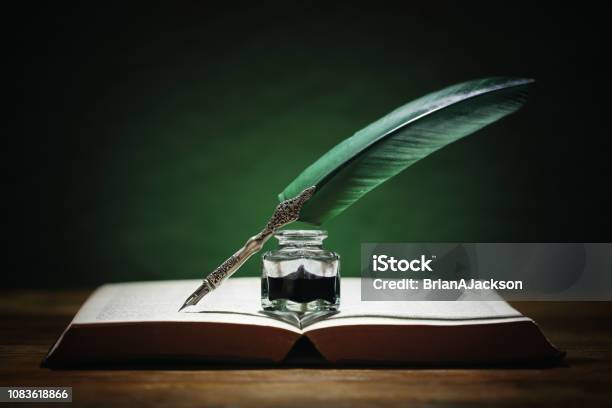 Quill Pen And Inkwell On Old Book Stock Photo - Download Image Now - Writing - Activity, Author, Handwriting