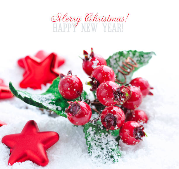 istock Christmas decorations of bauble are with stars on snow with sample text 1083624476