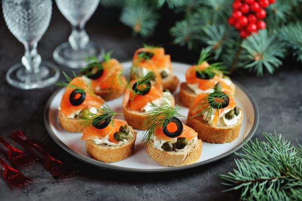 istock Canapes with cream cheese, salted salmon, capers 1083635464