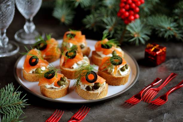 istock Canapes with cream cheese, salted salmon, capers 1083635486