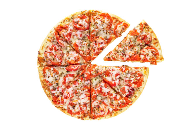 istock Sliced pizza with one separated piece isolated on white 1083637190