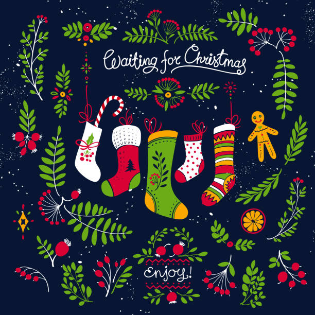 Christmas Rowan Floral Decor Christmas cartoon decorative clipart with hand-drawn rowan branches, berries and Christmas socks. silhouette of christmas cookie border stock illustrations