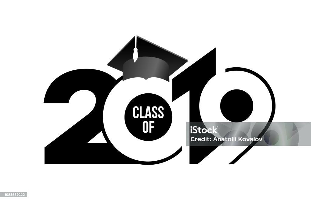 Class of 2019 with graduation cap. Text design pattern. Vector illustration. Isolated on white background. Learning stock vector