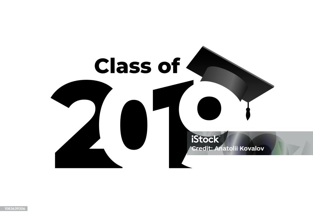 Class of 2019 with graduation cap. Text design pattern. Vector illustration. Isolated on white background. Graduation stock vector