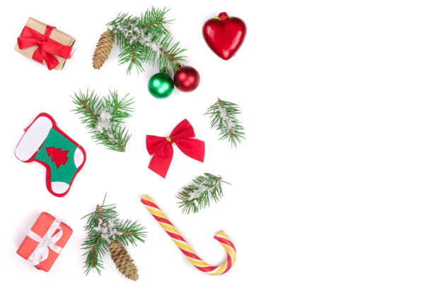 istock Christmas background with fir branches and decoration isolated on white background with copy space for your text 1083642492
