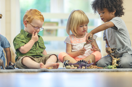 Four toddlers are sitting on the floor of a preschool. They are playing with plastic animal figurines.