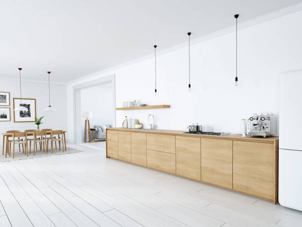 istock modern nordic kitchen in loft apartment. 3D rendering 1083644916