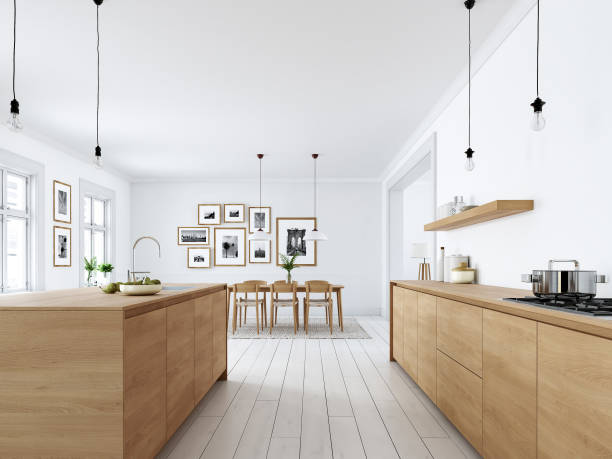 nowoczesna kuchnia nordycka w mieszkaniu na poddaszu. renderowanie 3d - indoors luxury domestic room house zdjęcia i obrazy z banku zdjęć