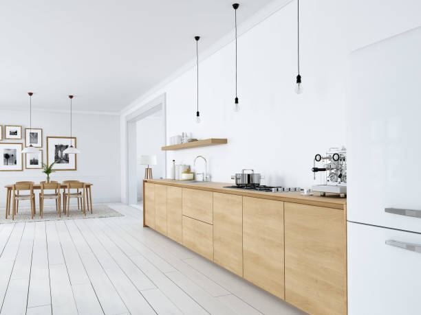 istock modern nordic kitchen in loft apartment. 3D rendering 1083645974