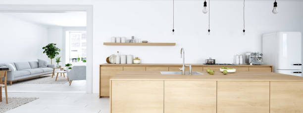 istock frontal view of modern nordic kitchen in loft apartment. 3D rendering 1083649472