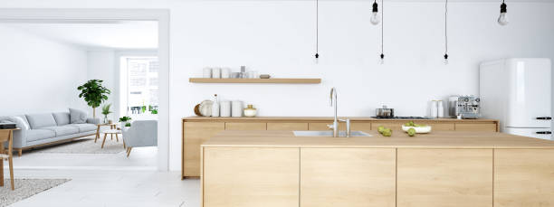 frontal view of modern nordic kitchen in loft apartment. 3d rendering - domestic kitchen contemporary domestic room lifestyles imagens e fotografias de stock