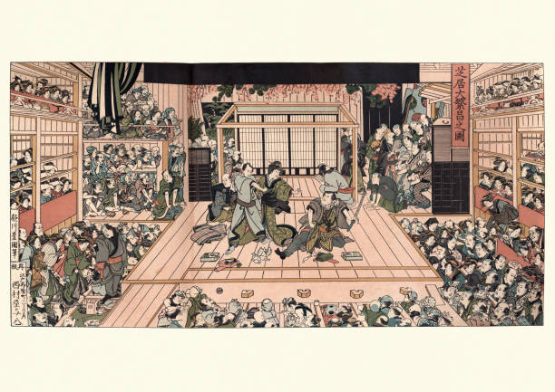 Art of Japan, Interior of theatre, Actors performing on stage Vintage engraving of Art of Japan, Interior of a theatre, Actors performing a play. By Toyokuni theater industry illustrations stock illustrations