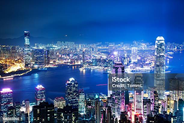 Hong Kong Skyline At Night Stock Photo - Download Image Now - Hong Kong, Night, Architecture