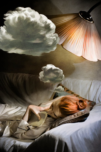 illustration of a woman dreaming of something on a sofa.