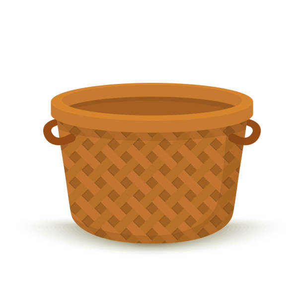 Vector cartoon wicker basket, container for picnic Vector brown wicker basket for food, empty container for picnic. Woven from cane bag with handles. wicker stock illustrations
