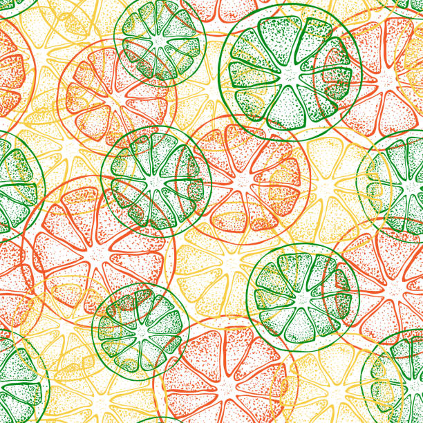 illustrazioni stock, clip art, cartoni animati e icone di tendenza di motivo vettoriale senza cuciture con agrumi disegnati a mano, schizzi pezzi fette. arancia mandarina, mandarino, lime, limone, pompelmo. illustrazione dettagliata del cibo vegetariano. - lime ripe fruit citrus fruit