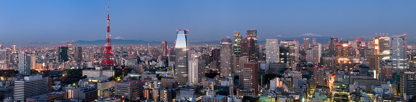 Aerial view of the capital city of Seoul in South Korea, seen at sunset.