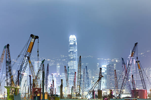 미흡함 중인 공사장 - night sky hong kong architecture 뉴스 사진 이미지