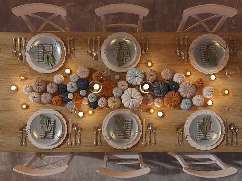 top view of a thanksgiving table setting. 3D rendering