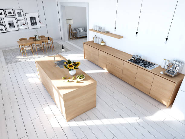 nowoczesna kuchnia nordycka w mieszkaniu na poddaszu. renderowanie 3d - domestic kitchen furniture decor luxury zdjęcia i obrazy z banku zdjęć