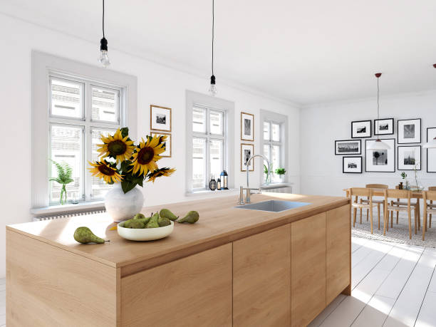 istock modern nordic kitchen in loft apartment. 3D rendering 1083661014