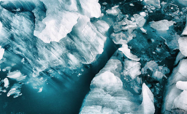 Icebergs from above Small icebergs broken off from the large glacier at Vatnajökull, Iceland. Image was taken with a drone. glacier stock pictures, royalty-free photos & images