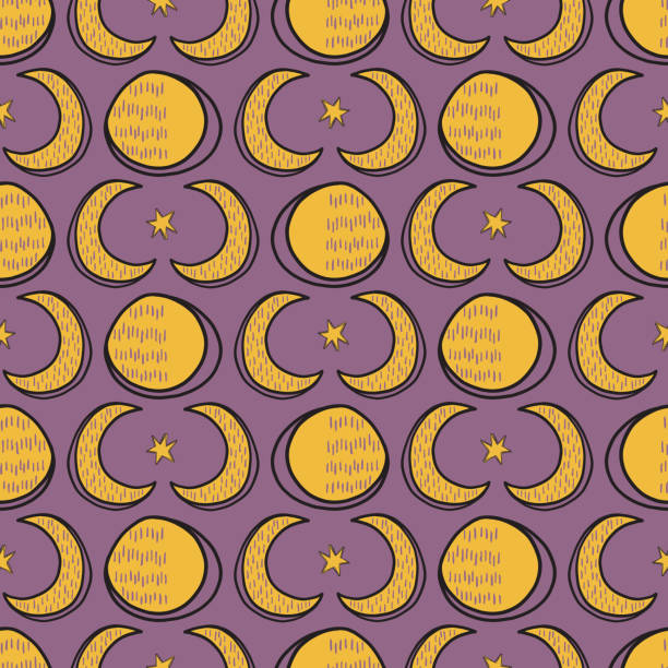 Sacred Lunar Moon Solstice Seamless Vector Pattern Sacred Lunar Moon Solstice Seamless Vector Pattern. Esoteric Spiritual Symbols Concept Illustration. Spiritual Astrology Meditation Background, For Boho Ritual Witchy Wallpaper Backdrop. Yellow Purple celtic culture celtic style star shape symbol stock illustrations